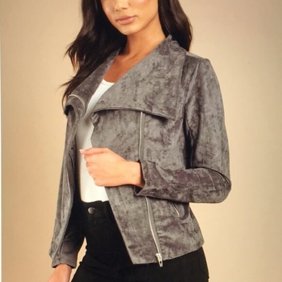 BlankNYC Grey Velvet Suede Drape Front Asymmetrical Zip Moto Jacket Small S - Picture 1 of 12